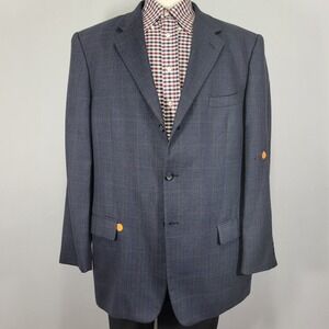 Pronto Uomo Men's Sport Coat Blazer Three Button Navy Plaid Herringbone Wool 46L